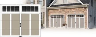 Clopay GRAND HARBOR® Collection: A tan carriage house door with white vertical overlays and square windows, beside a stone and siding house with two matching doors.